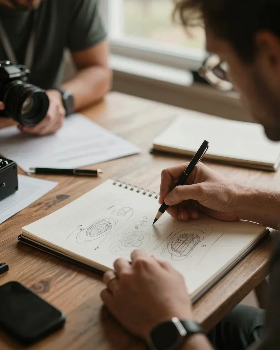 Behind-the-scenes shot of a campaign planning session, hands sketching ideas on a notepad, warm indirect daylight, muted