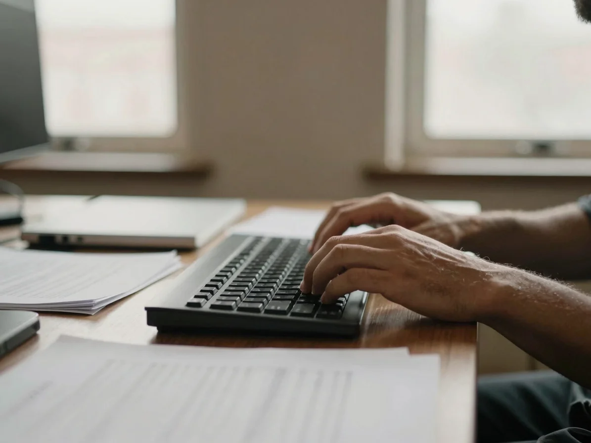 Hands on a keyboard, light falling on documents, shallow depth of field, muted earthy tones, behind-the-scenes studio mo