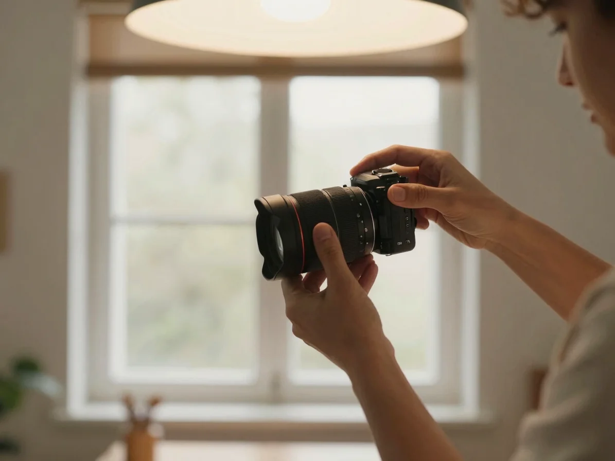 Creator styling a product shot, detail shot of hands, warm indirect daylight, soft studio overhead lighting, 35mm lens