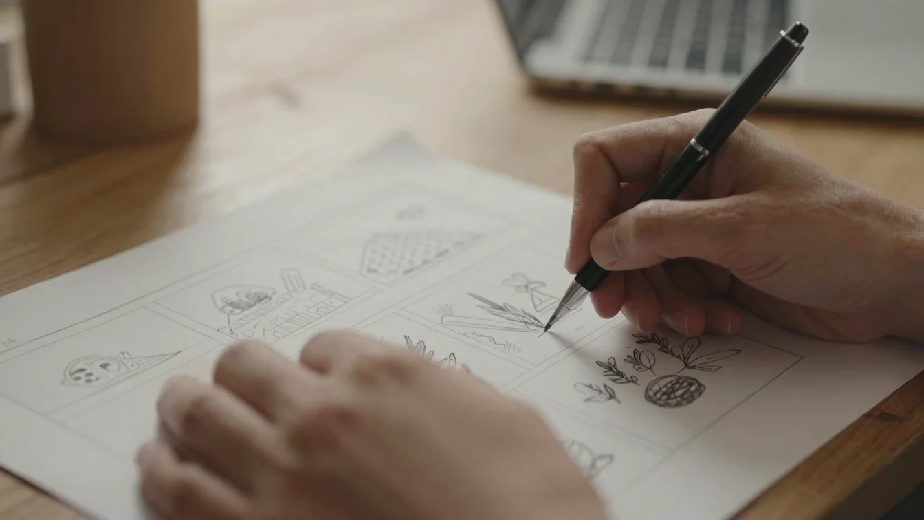 Close-up of hands sketching a storyboard on paper, warm indirect daylight, muted earthy tones, shallow depth of field