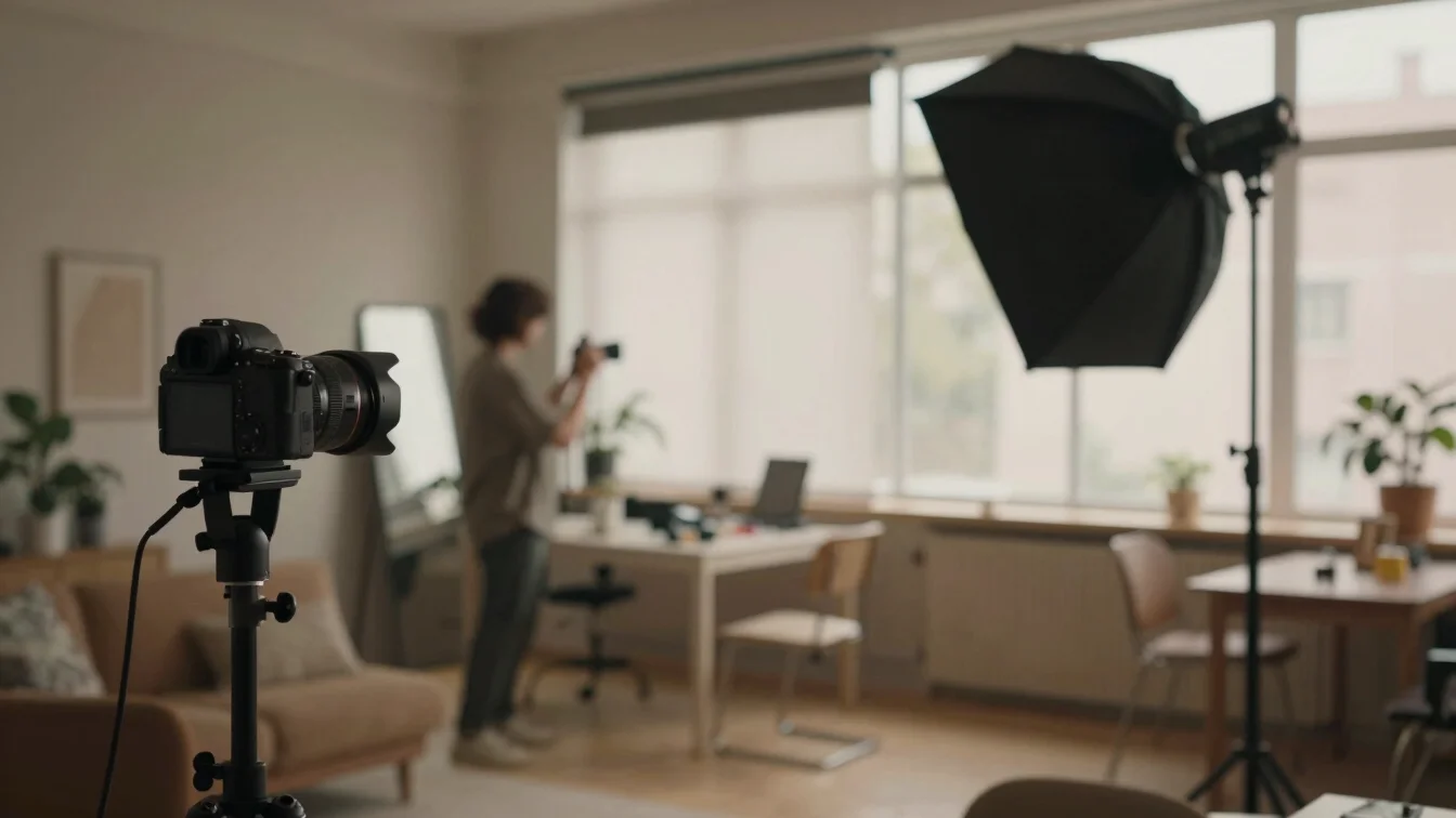 Creator setting up a product shot with props, soft studio overhead lighting, muted earthy tones, shallow depth of field