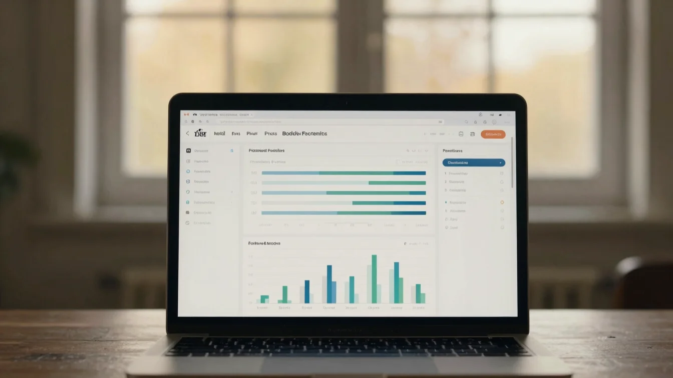Laptop screen displaying a clean, professional analytics dashboard, golden-hour window fill, muted earthy tones, shallow