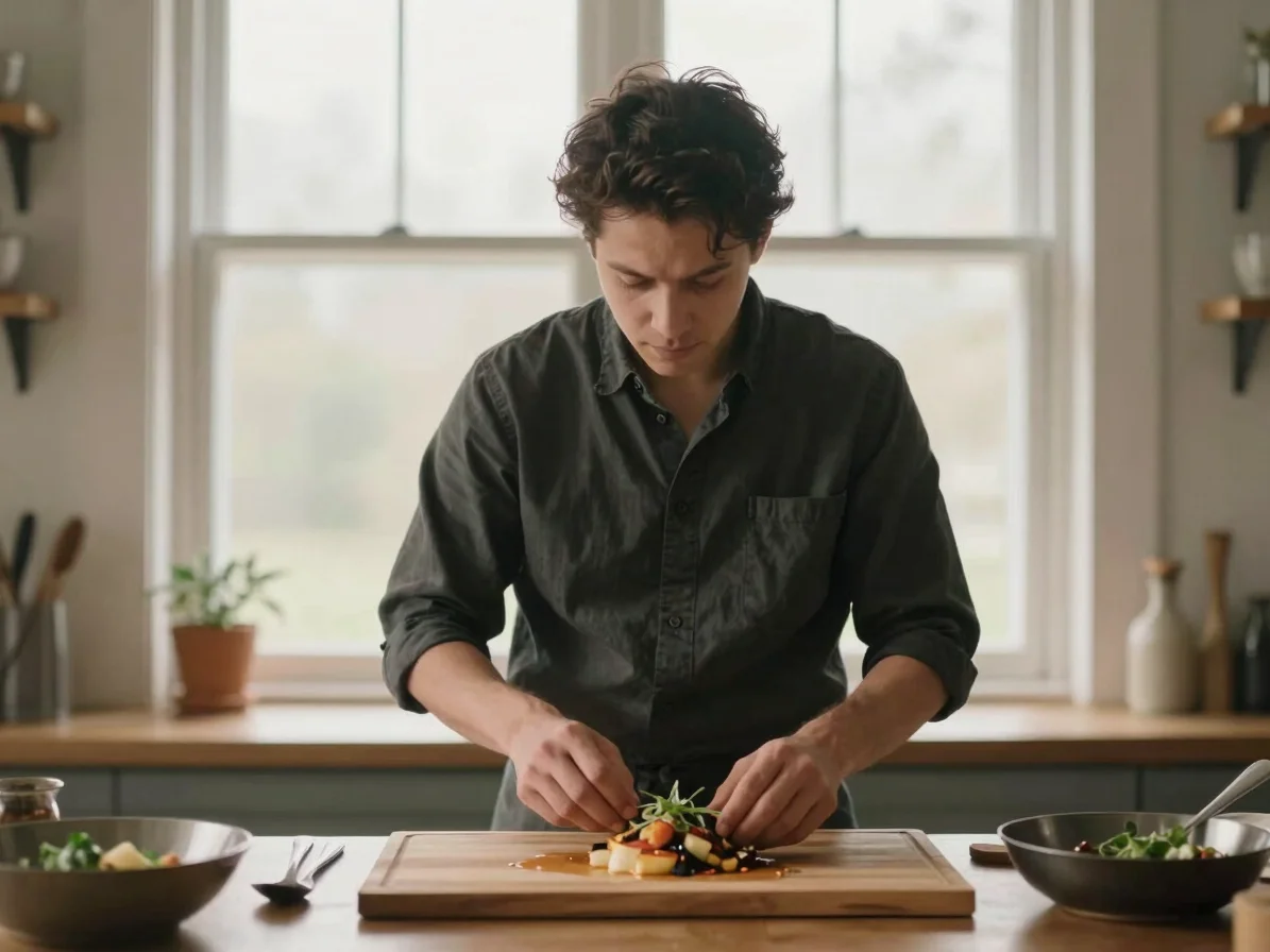 Culinary creator preparing a dish, medium environmental portrait, soft natural window light, muted earthy tones, shallow