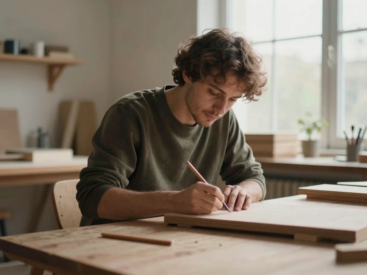 Designer working on a sustainable furniture piece, focused creator portrait, warm indirect daylight, muted earthy tones,