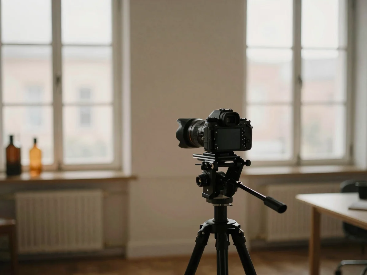 Creator filming a product in a sunlit studio, shallow depth of fi