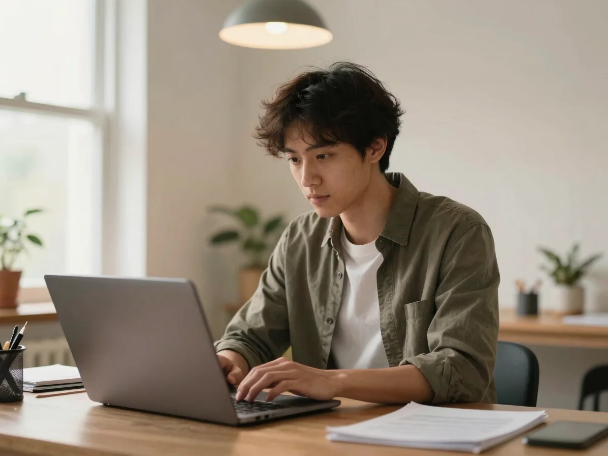 Creator reviewing content on a laptop, warm indirect daylight, soft studio overhead lighting, medium environmental portr