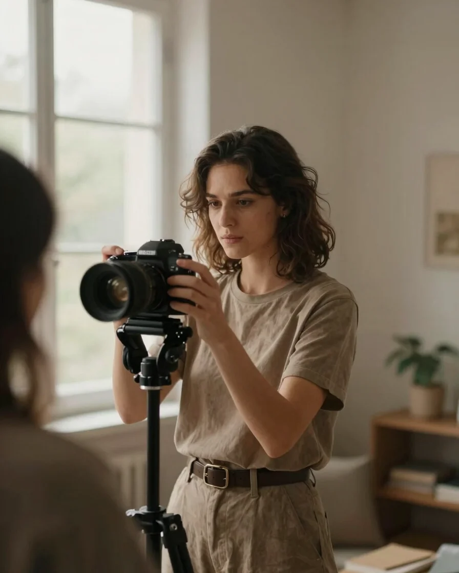 Warm portrait of a female content creator on a studio set, adjust
