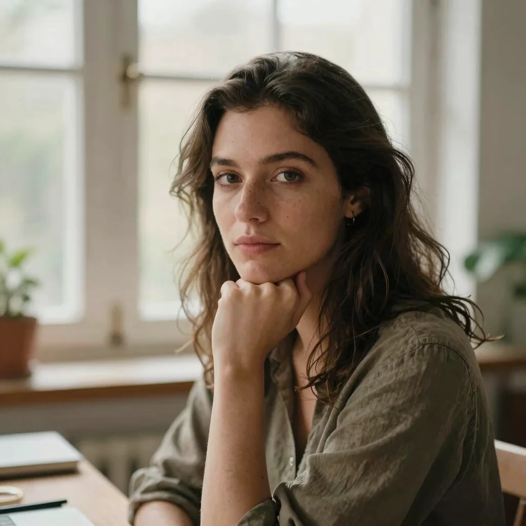 Focused portrait of a female creator looking thoughtfully at a camera, warm indirect daylight, 35mm lens