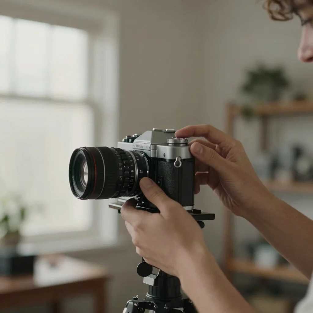 Hands operating a vintage film camera in a studio, focused detail shot, soft studio overhead lighting, muted earthy tone