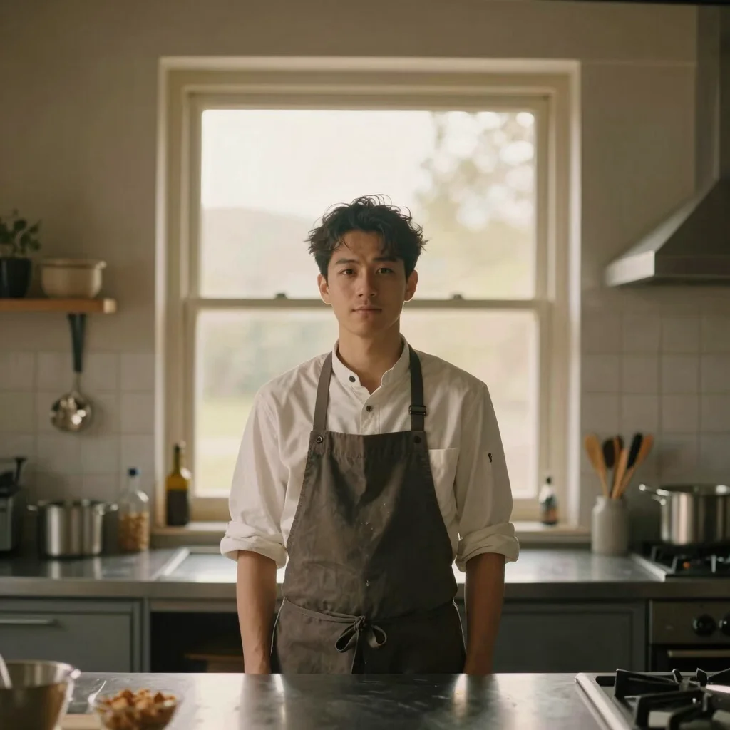 Environmental portrait of a culinary creator in their kitchen, golden-hour window fill, muted earthy tones, shallow dept
