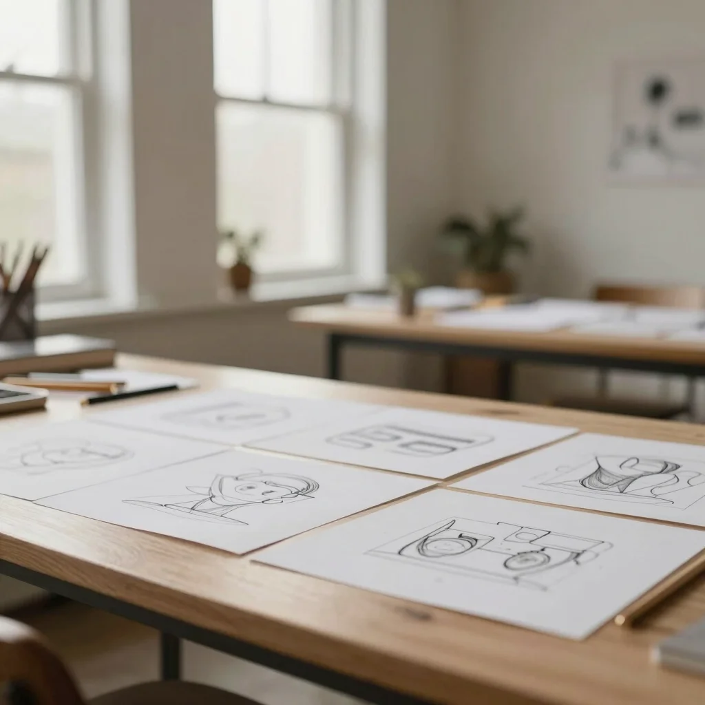 Designer sketching ideas in a clean workspace, wide view, soft natural light, muted earthy tones, shallow depth of field