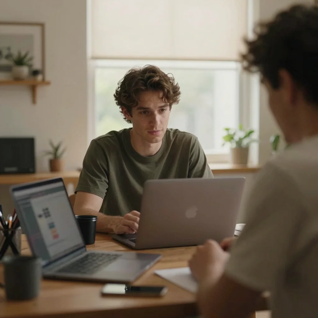 Behind-the-scenes shot of a creator reviewing content on a laptop, medium environmental portrait, warm indirect daylight
