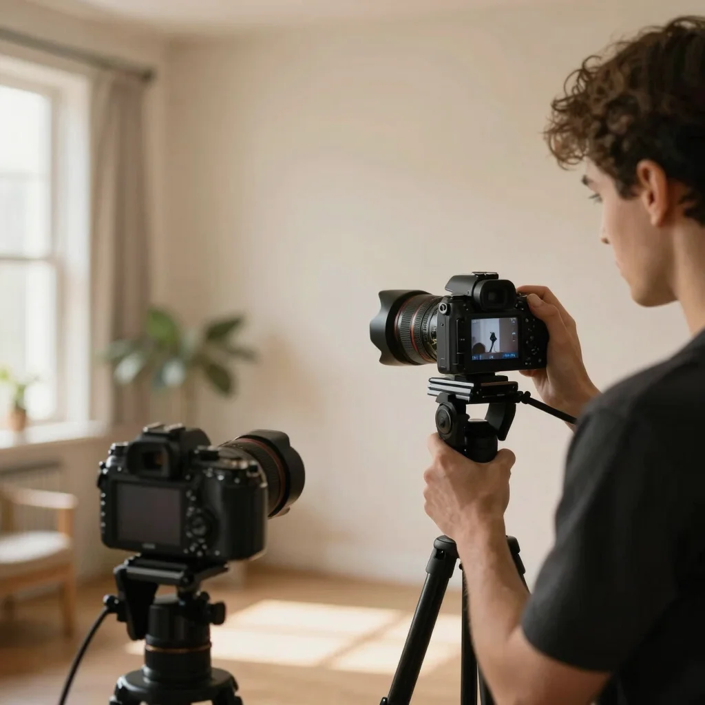 Behind-the-scenes shot of a content creator filming a product in a sunlit studio, shallow depth of field, warm editorial