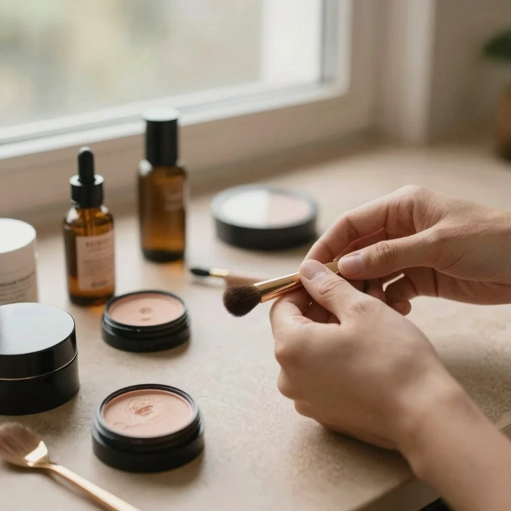 Close-up of hands styling a flat lay of beauty products on an earthy-toned surface, natural window light, 35mm lens