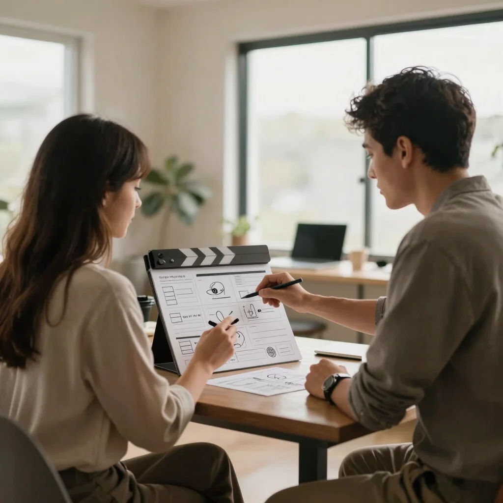 Medium shot of a brand marketing lead and a creator collaborating on a storyboard in a modern workspace, muted earthy to
